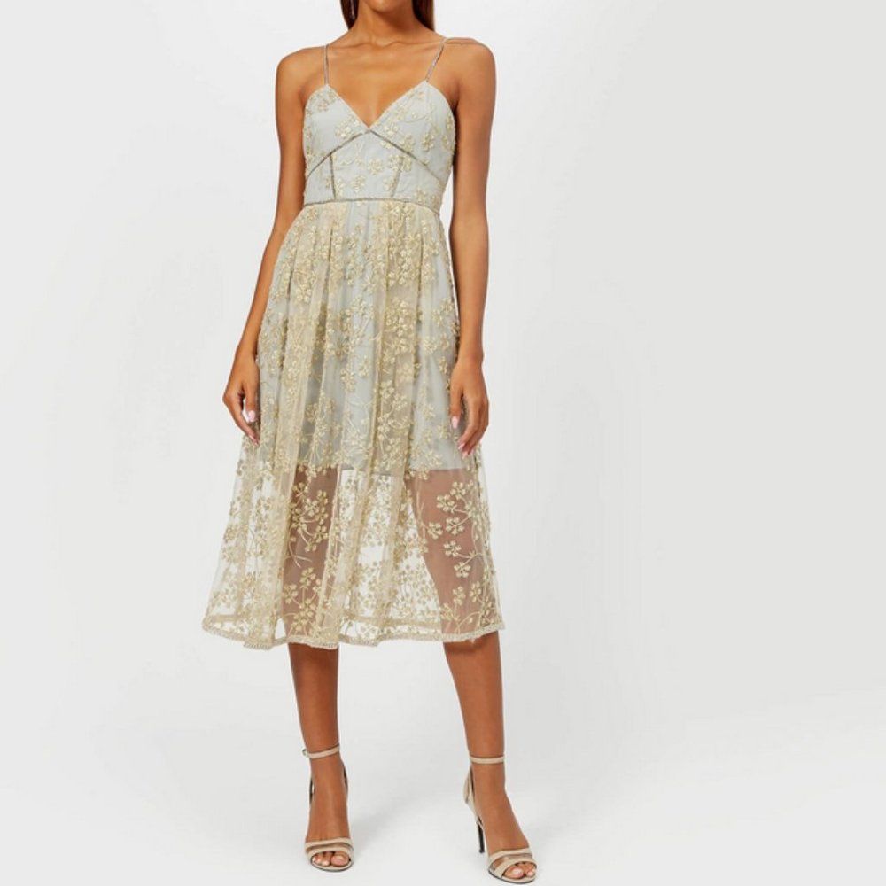 NWT Self-Portrait Gold & Blue Floral Embroidered Mesh Corseted Dress - Picture 2 of 9